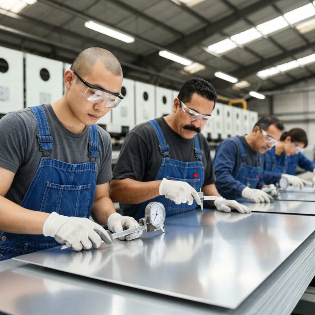 Workers inspecting finished aluminium sheets quality assurance